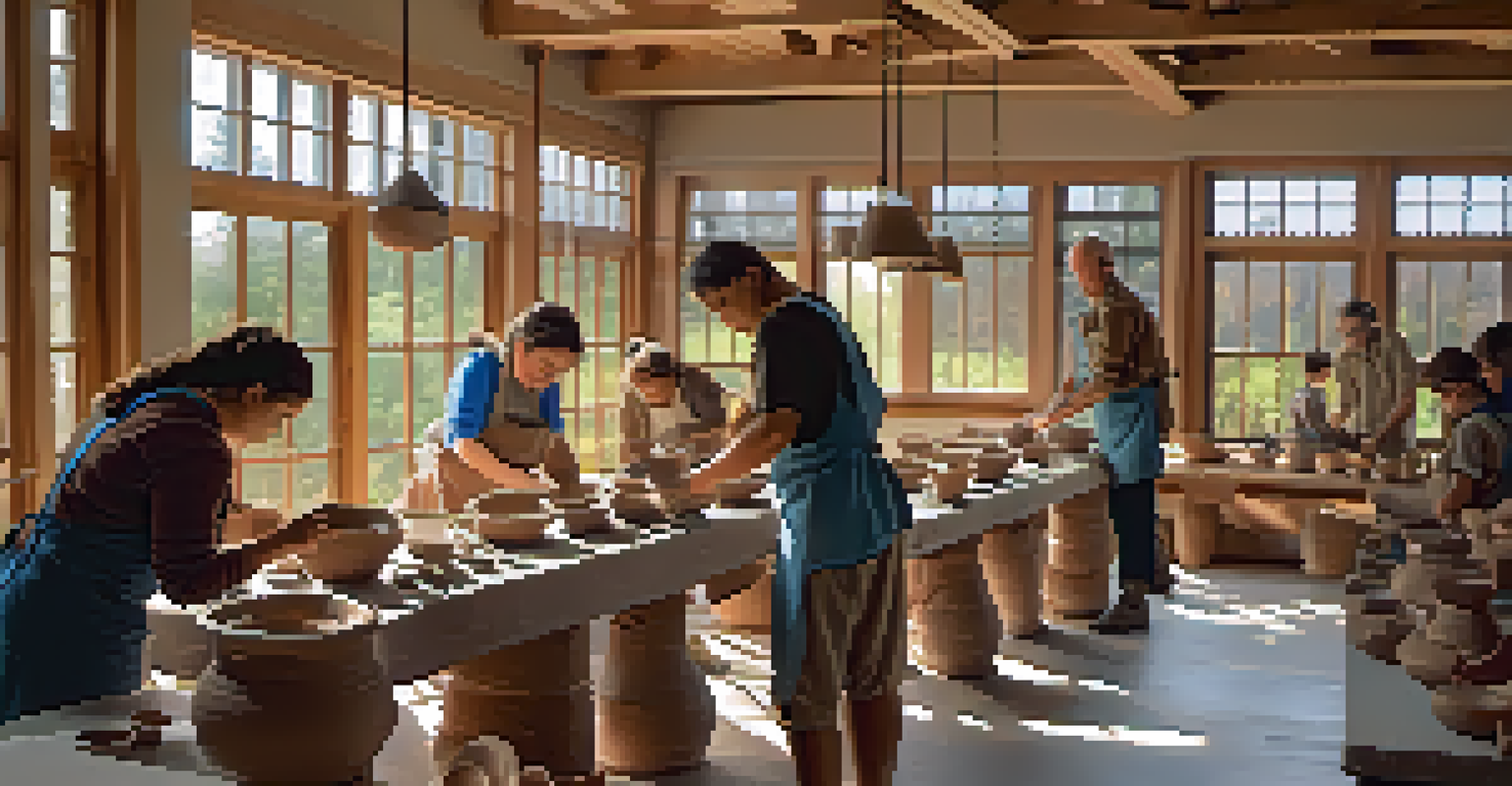 A pottery workshop at a heritage interpretation center with participants of various ages creating pottery pieces under the guidance of an instructor in a cozy, well-lit environment.