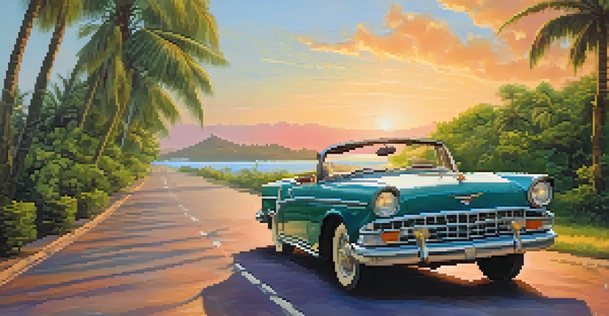 A winding coastal road with palm trees and the Arabian Sea, during sunset, with a classic car driving.