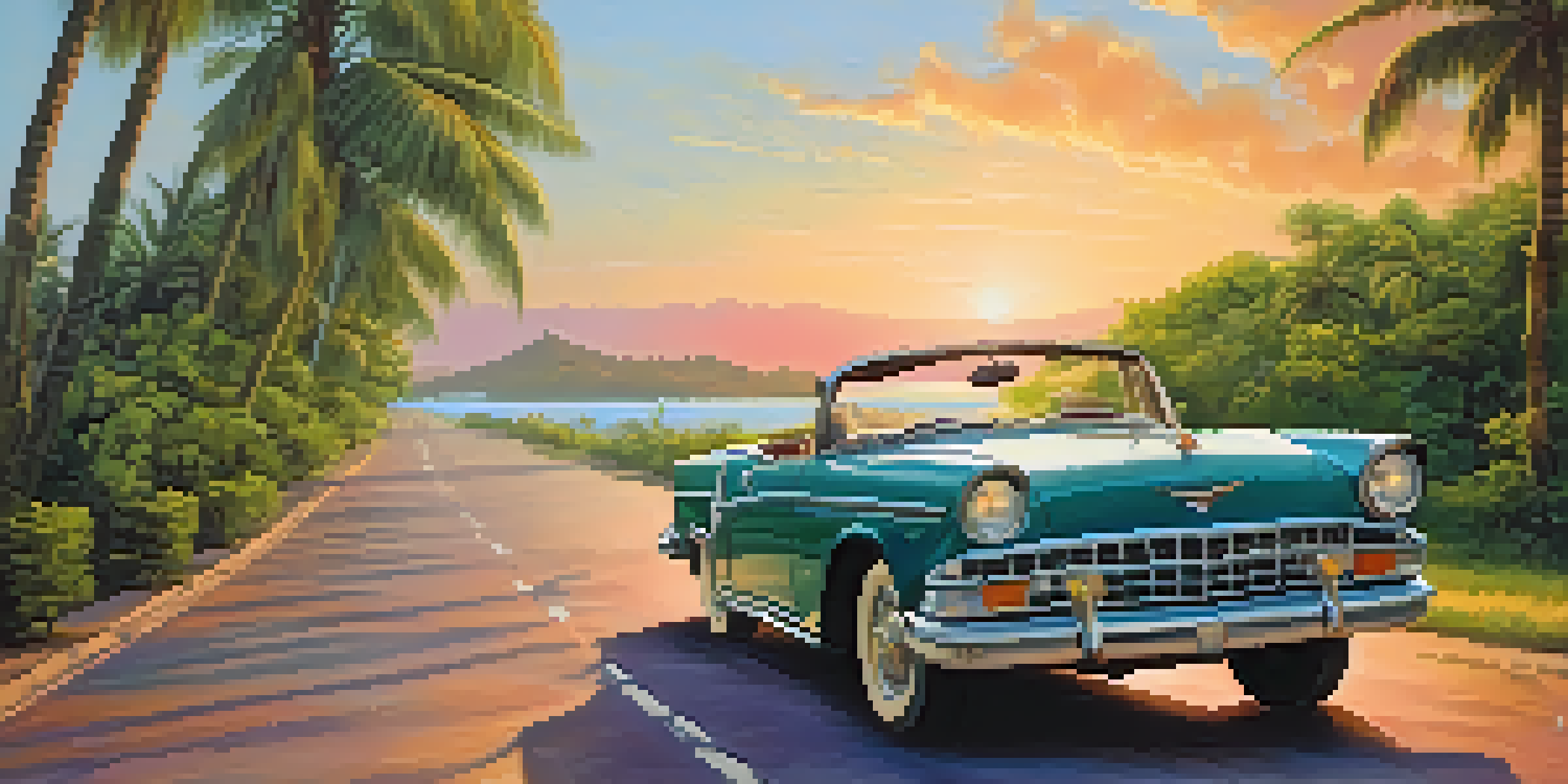 A winding coastal road with palm trees and the Arabian Sea, during sunset, with a classic car driving.