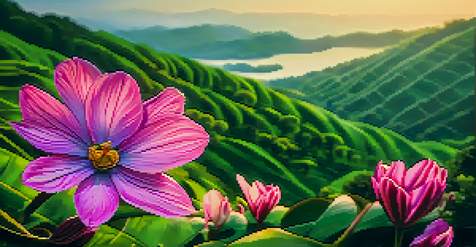 A detailed close-up of a colorful flower with blurred hills of Kerala in the background.