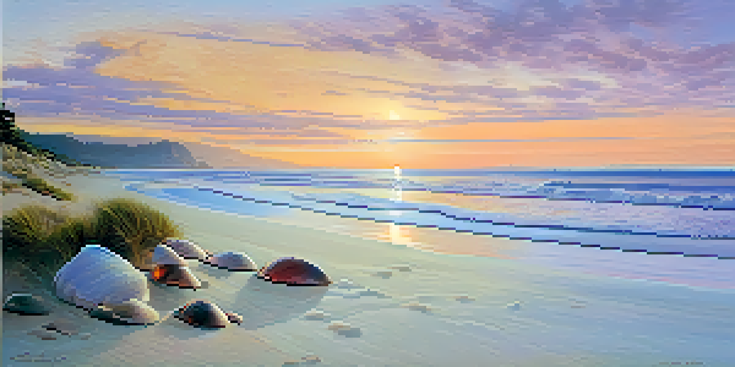 A tranquil beach scene during sunset with white sands, gentle waves, and a colorful sky reflecting on the water.