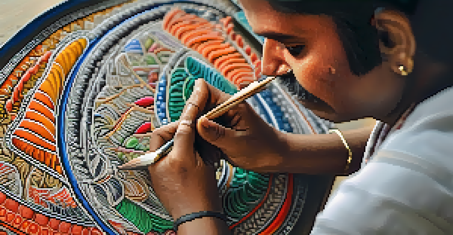 An artisan creating a Madhubani painting, focusing on intricate details and vibrant colors.