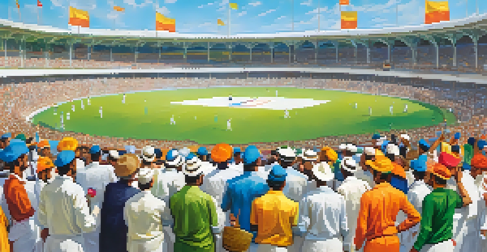 A cricket match with players from India and Australia, surrounded by fans holding flags and colorful banners in a bright stadium.