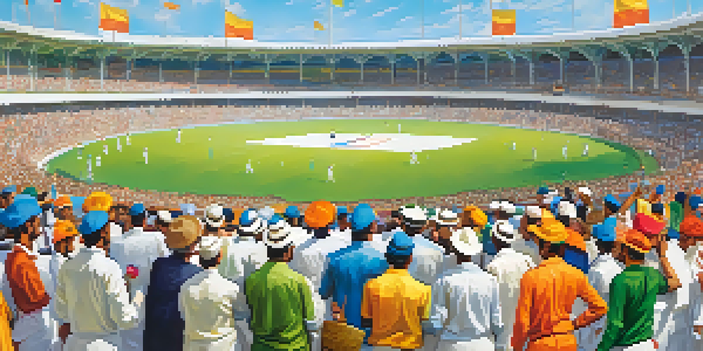A cricket match with players from India and Australia, surrounded by fans holding flags and colorful banners in a bright stadium.