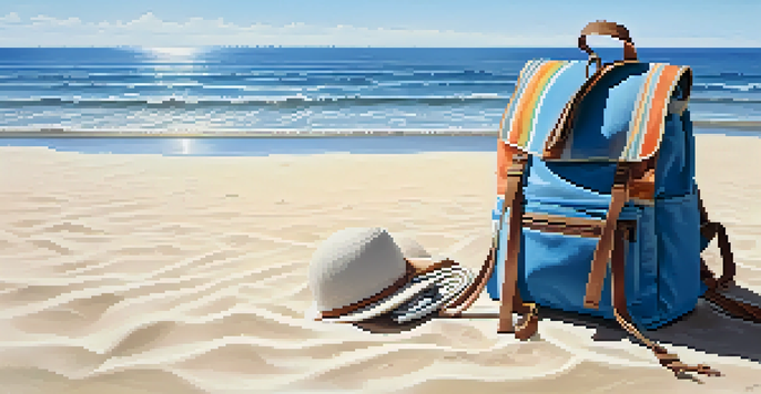 A minimalist backpack on a sandy beach with ocean waves, showing neatly packed clothing inside.