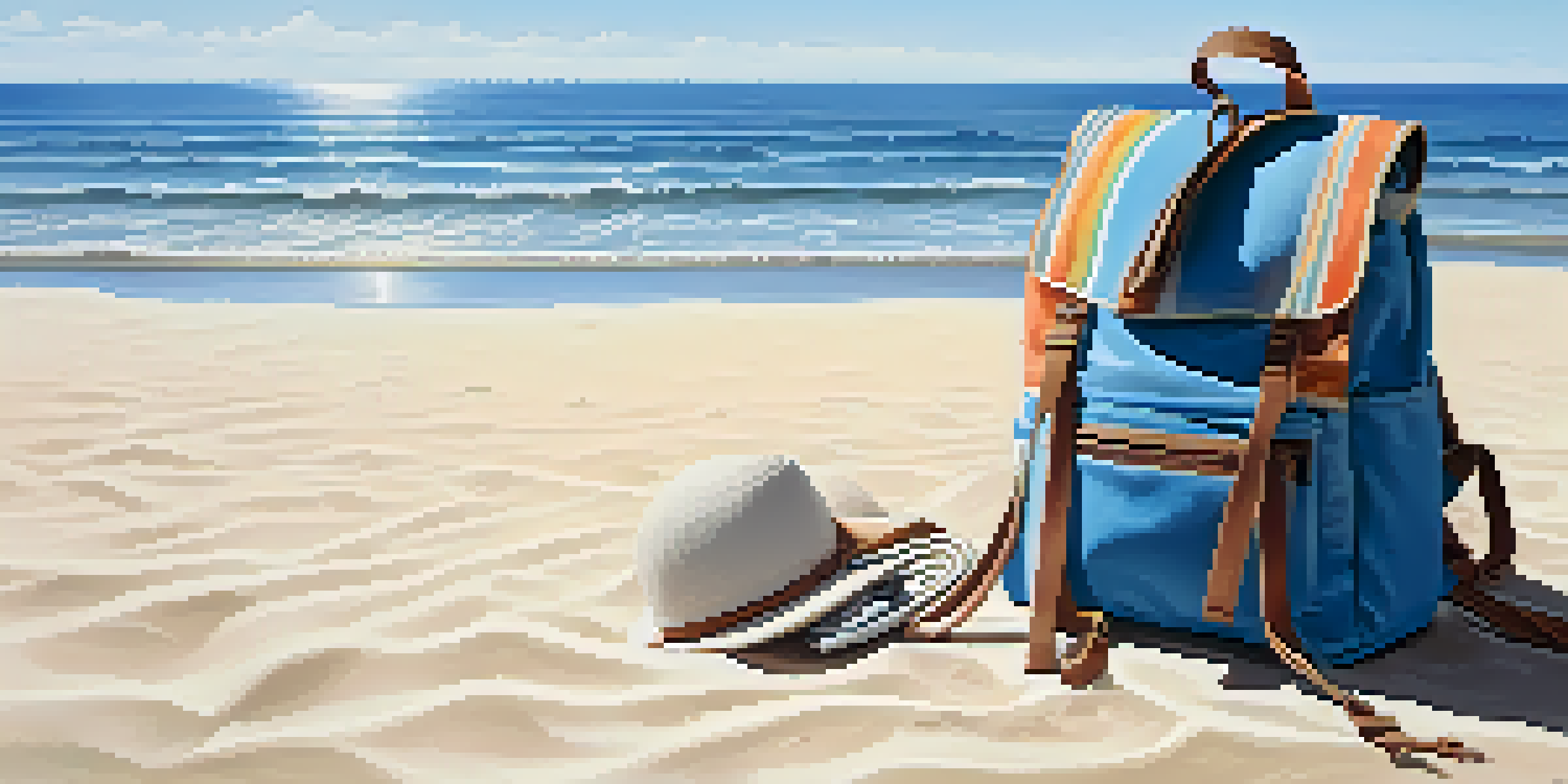 A minimalist backpack on a sandy beach with ocean waves, showing neatly packed clothing inside.