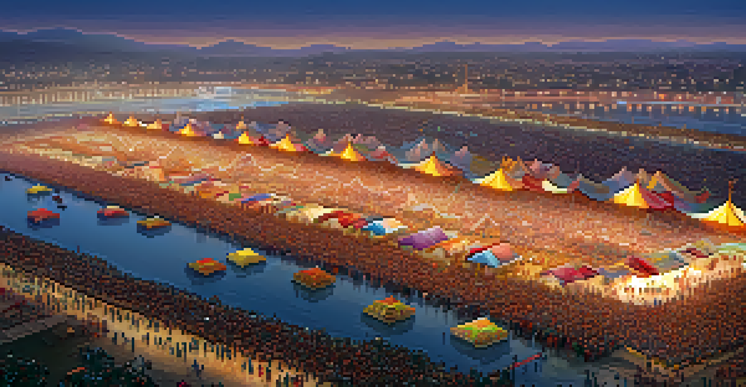 Aerial view of the Kumbh Mela grounds filled with pilgrims, colorful tents, and the sacred river at sunrise.