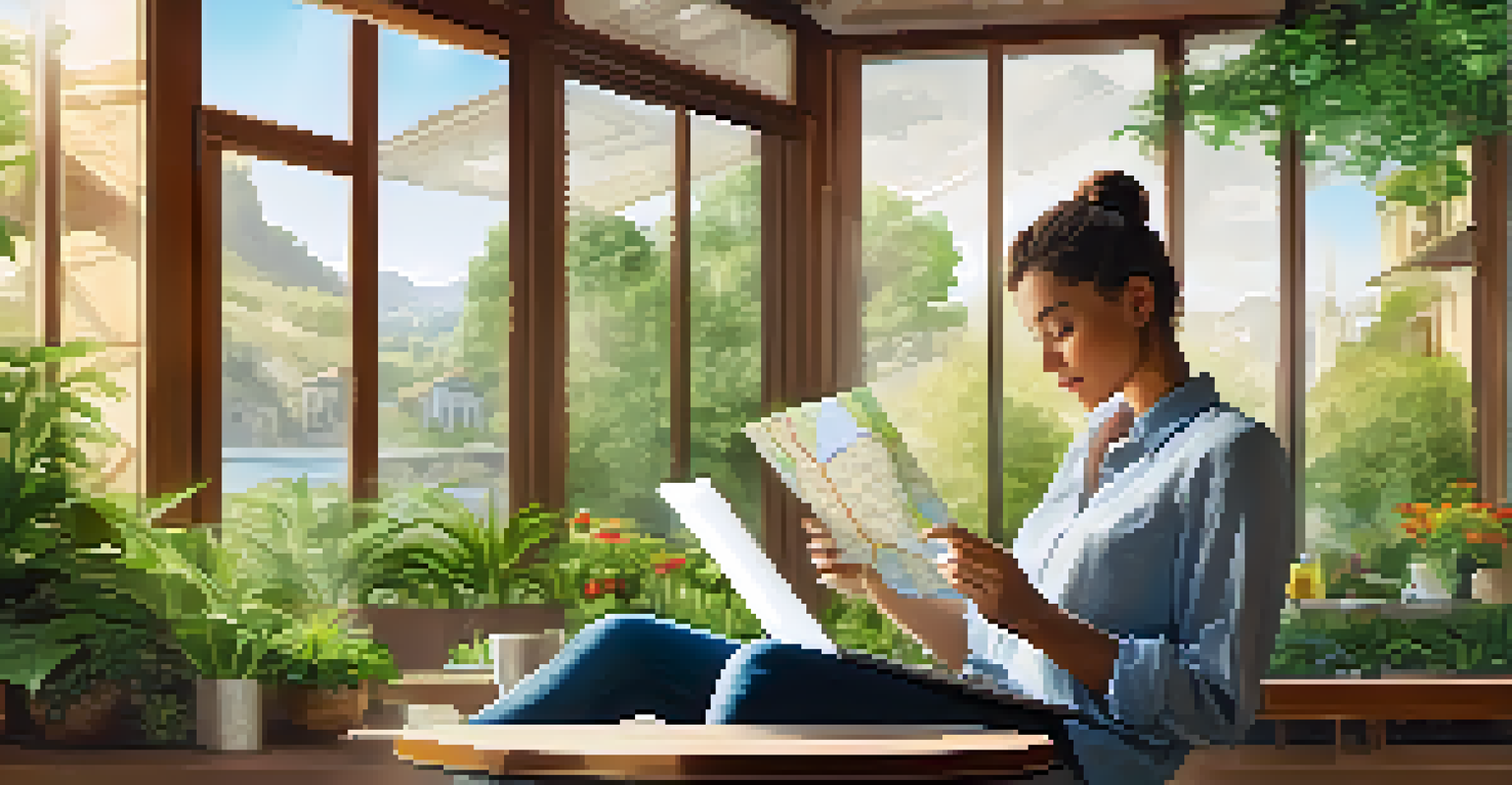 A traveler at a cafe using a smartphone app to explore eco-friendly travel options, with a laptop displaying a map in front of them.