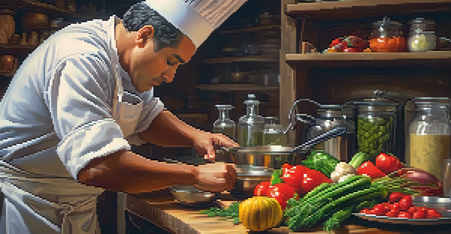 A chef in a rustic kitchen preparing traditional food with fresh ingredients, capturing the essence of local cuisine.
