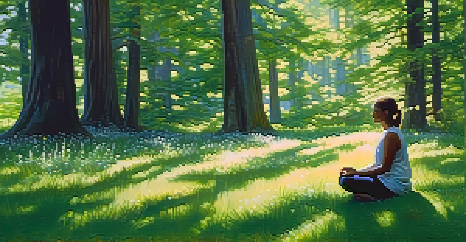 A person meditating in a forest with sunlight filtering through trees and flowers around.