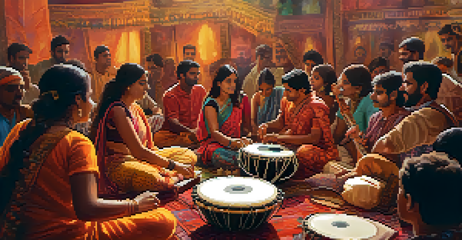 A music workshop at a festival with attendees learning traditional Indian instruments, showcasing hands on instruments.