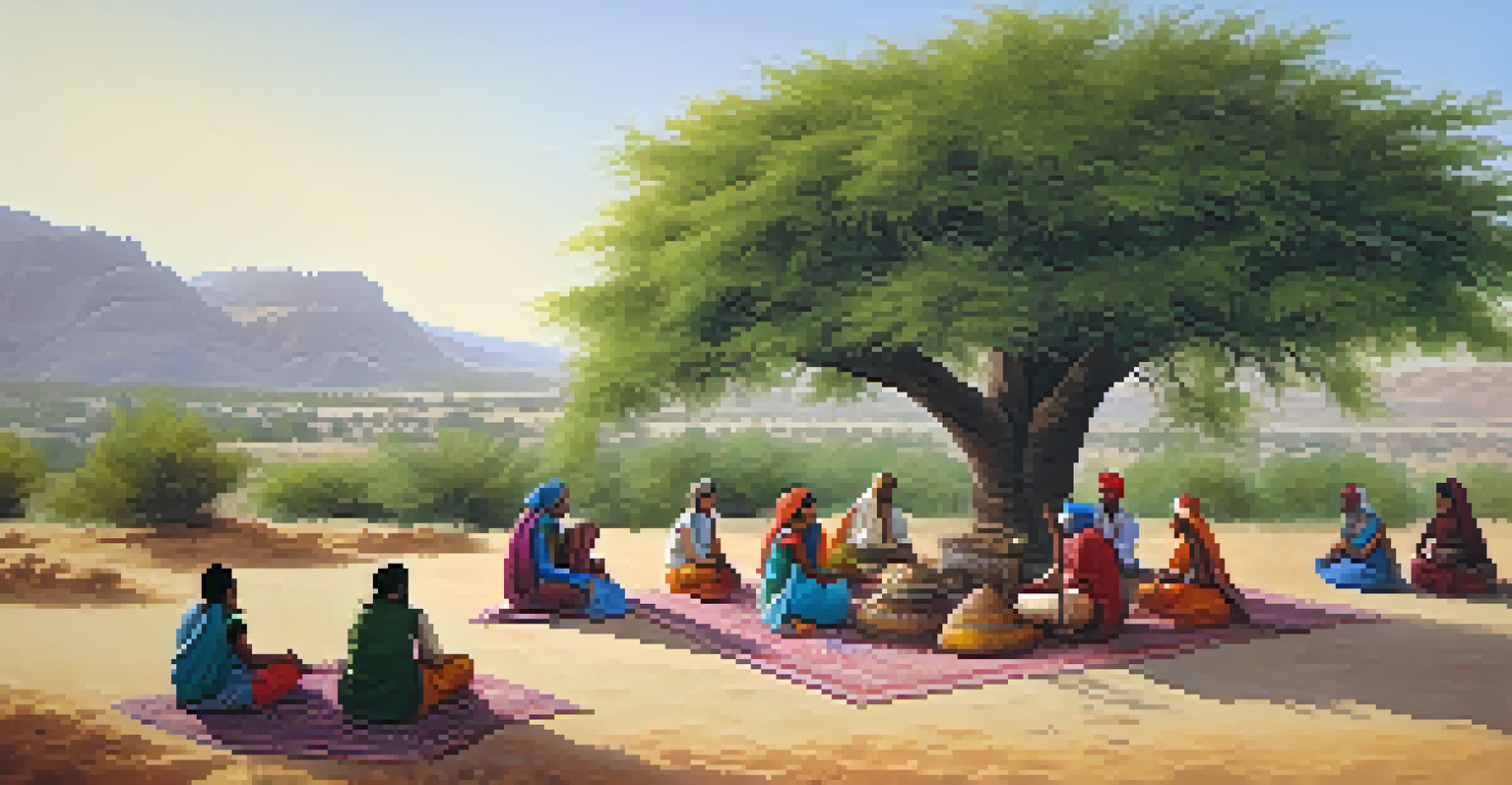 A storyteller in Rajasthan sharing tales under a tree with listeners, surrounded by traditional folk art and colorful desert scenery.