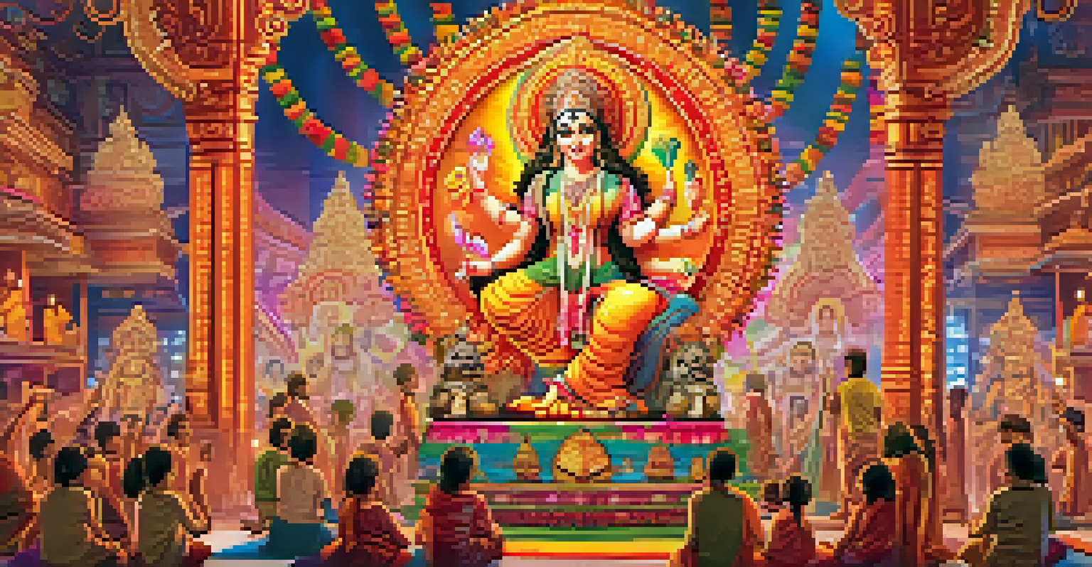 An elaborate Durga Puja pandal with an idol of Goddess Durga and vibrant decorations.