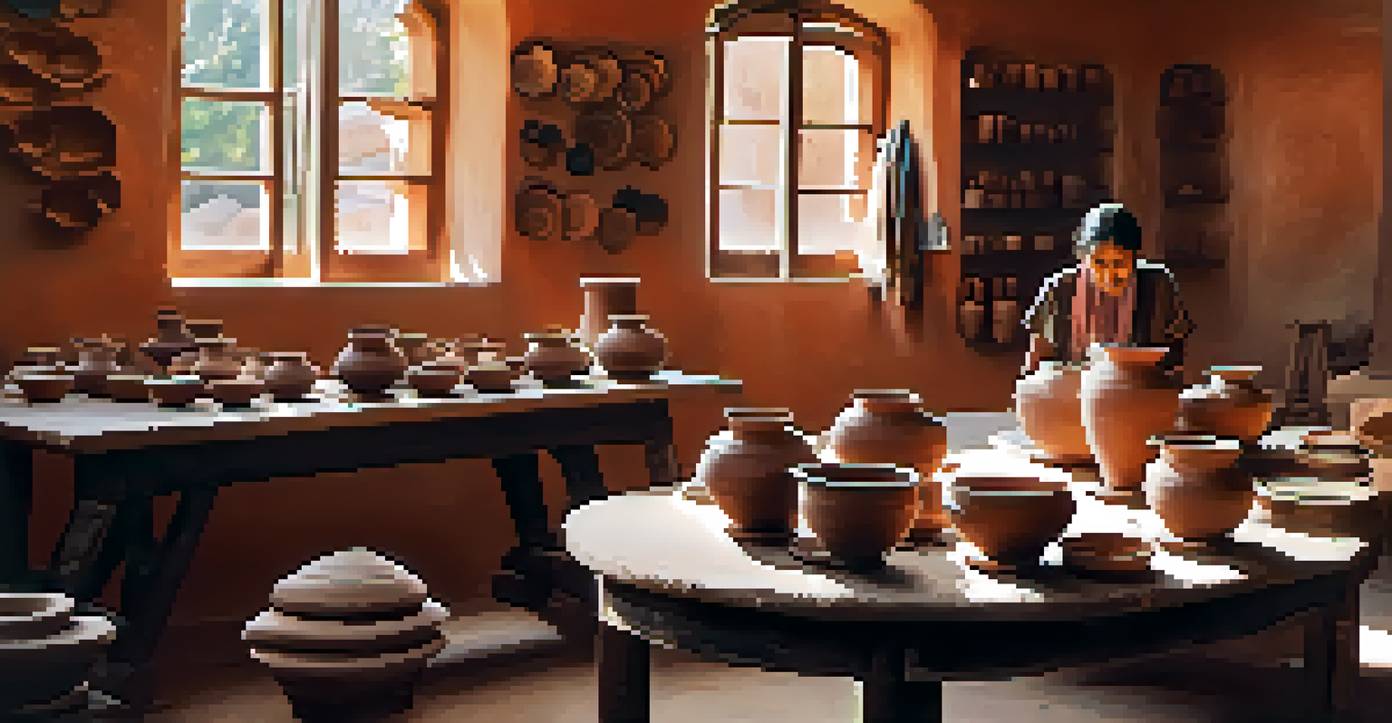 A pottery workshop at an Indian craft fair, with participants learning from an artisan surrounded by clay and pottery tools.