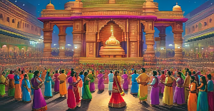A colorful Indian festival scene with traditional decorations, rangoli designs, and people in traditional clothing, set against an illuminated temple.