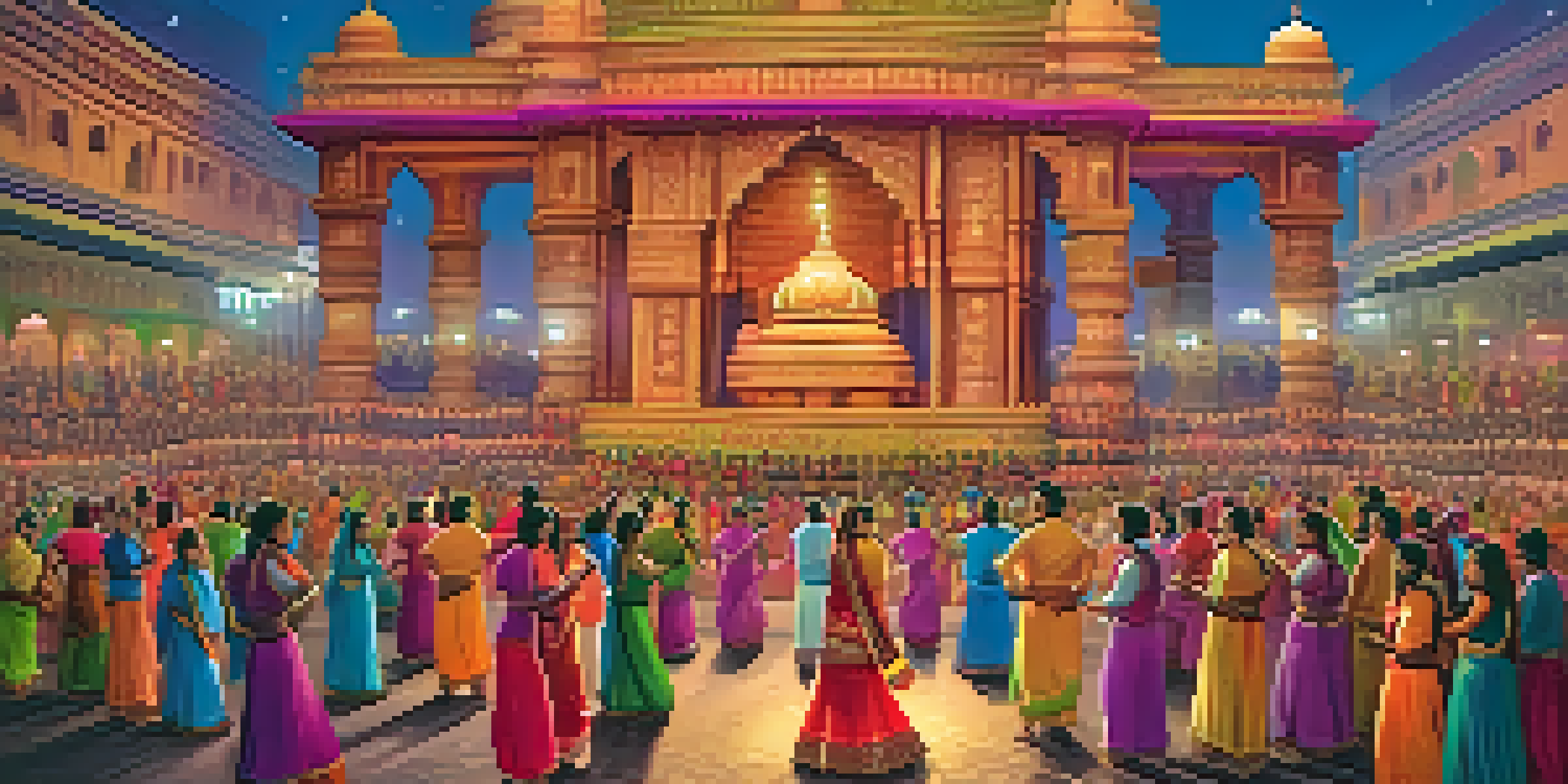A colorful Indian festival scene with traditional decorations, rangoli designs, and people in traditional clothing, set against an illuminated temple.