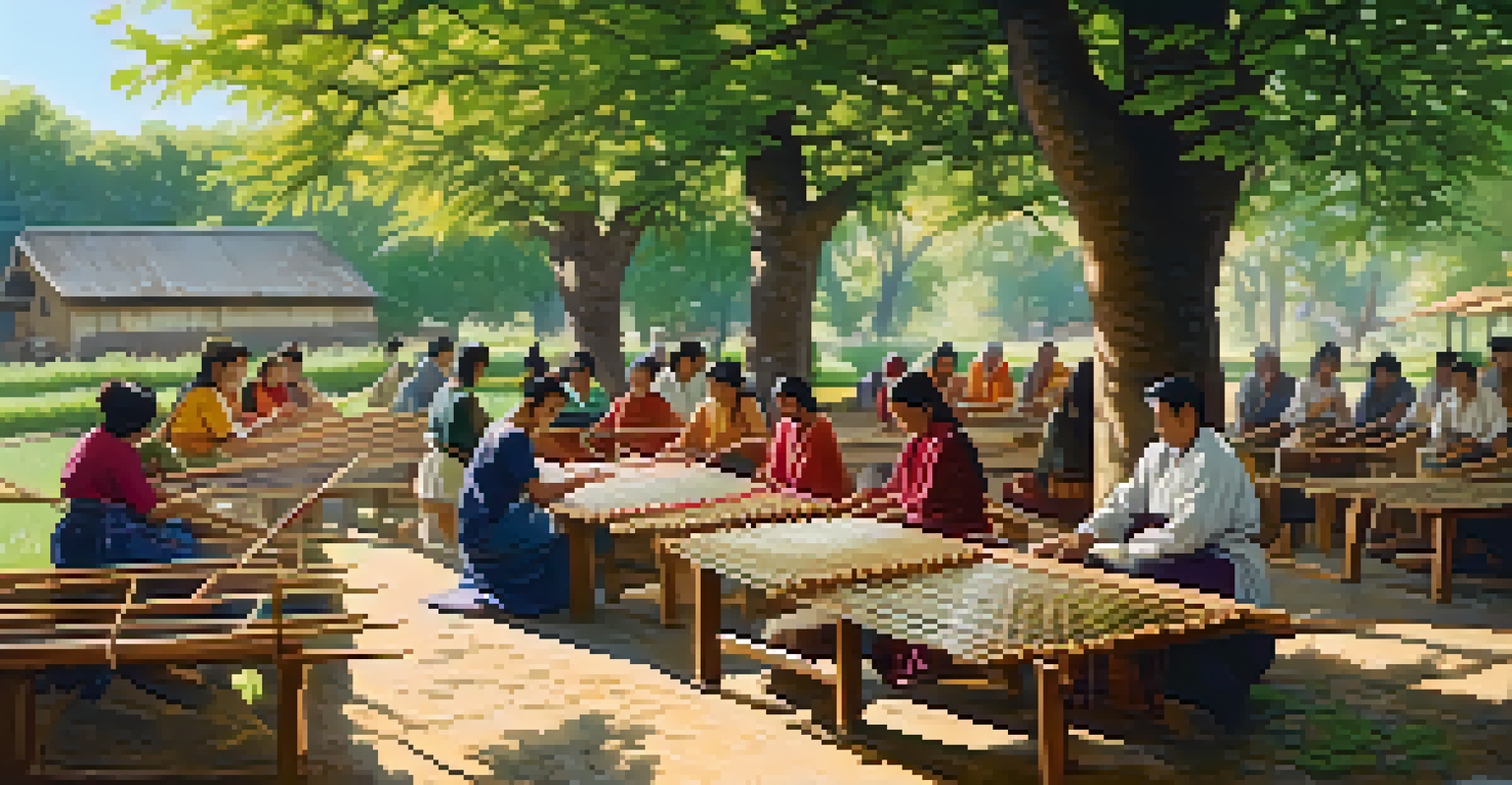 An outdoor weaving workshop with participants learning on the grass, surrounded by vibrant threads and woven pieces, under the shade of trees.