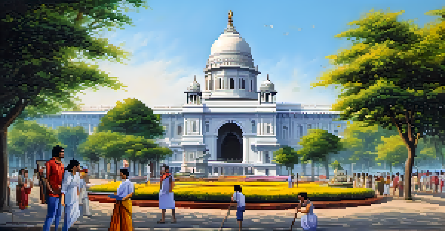 Kolkata heritage trail with Victoria Memorial and local artisans creating crafts in blooming gardens.