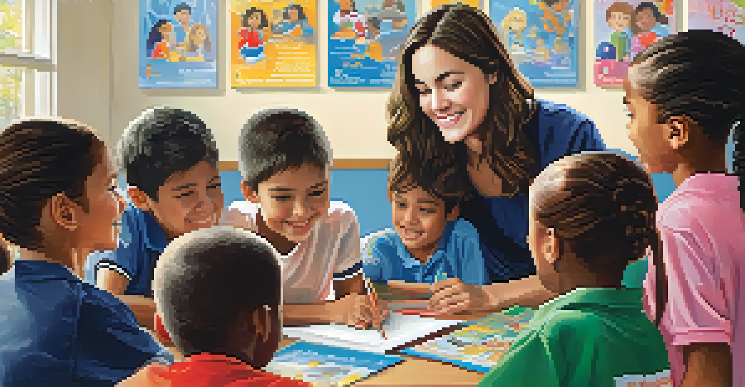A volunteer teaching children in a colorful classroom, with the volunteer smiling and children engaged.