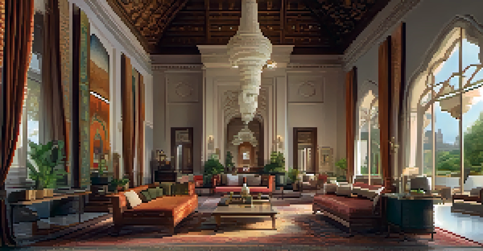 An elegant hotel interior with high ceilings, chandeliers, and traditional decor, illuminated by natural light.
