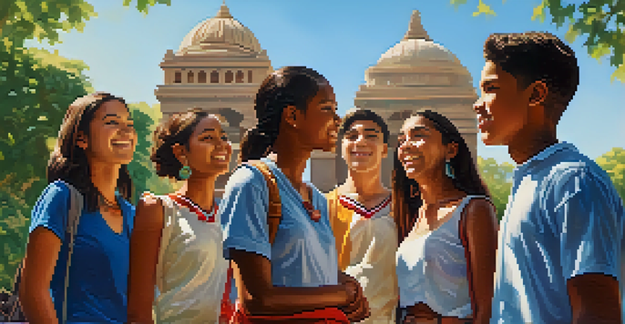 A diverse group of students sharing cultural items in front of a historical monument under a clear blue sky.