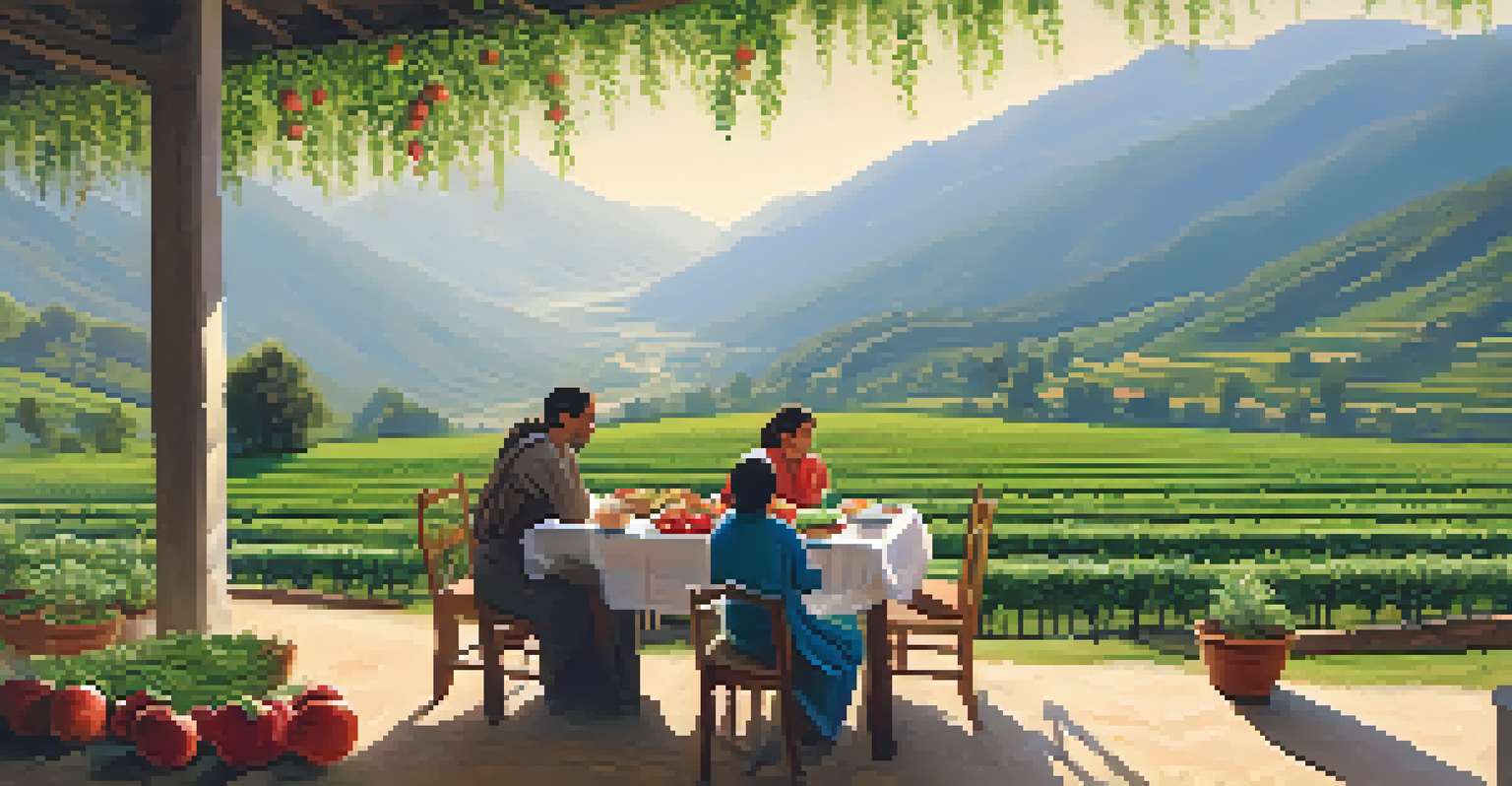 A family enjoying a meal at an eco-friendly farm in Himachal Pradesh, with terraced orchards and stunning mountains in the background.