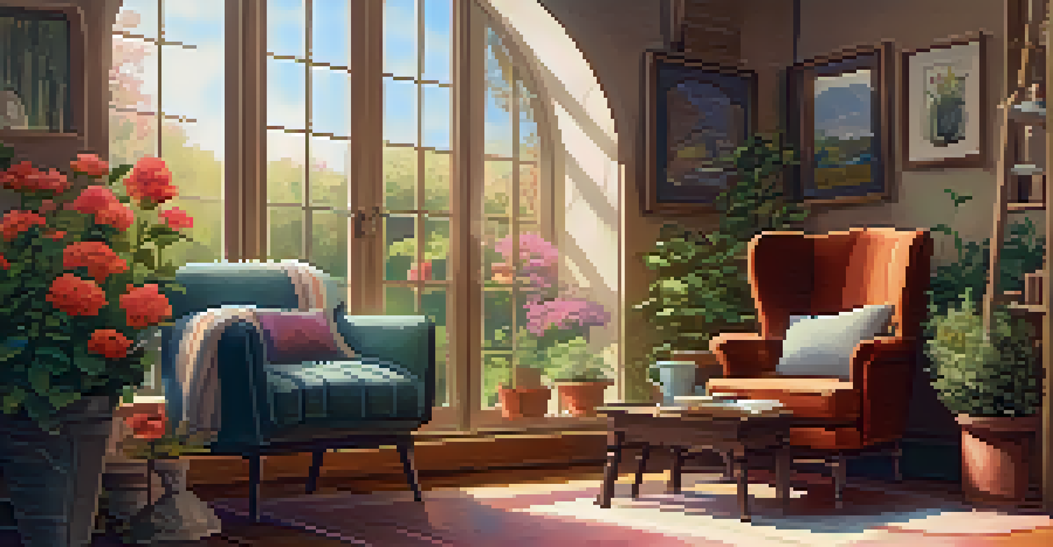 A cozy corner for mindfulness reflection, featuring an armchair, a cup of tea, and a journal, with a view of a blooming garden through the window.