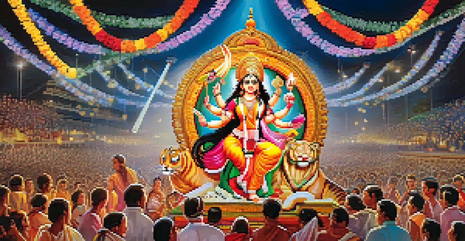 A detailed view of Durga Puja celebration with a decorated idol of Goddess Durga, garlands, and devotees in traditional attire.