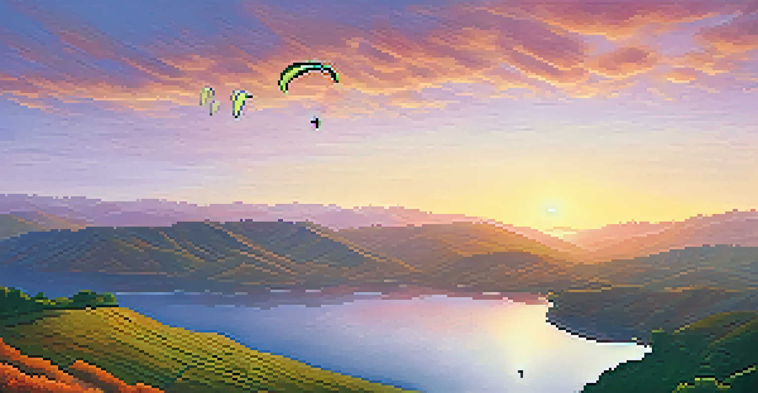 A paraglider soaring over Pawna Lake at sunrise, with vibrant colors reflecting in the water and rolling hills in the background.