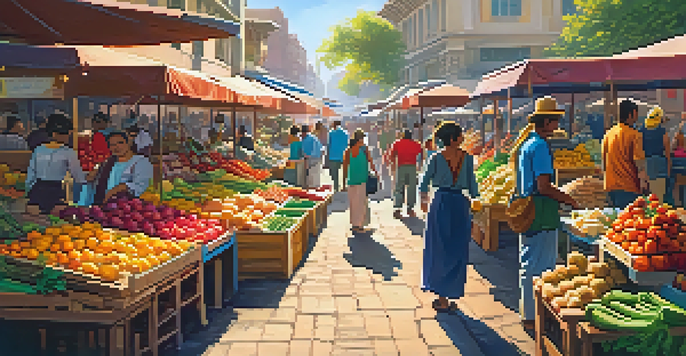 A lively local market filled with colorful stalls of fresh produce and handmade crafts, with shoppers engaging with vendors under warm sunlight.