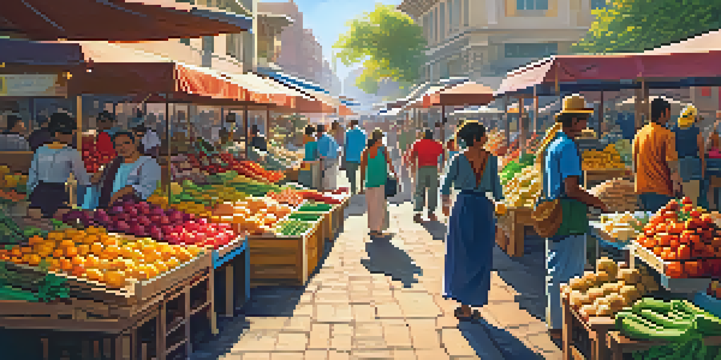 A lively local market filled with colorful stalls of fresh produce and handmade crafts, with shoppers engaging with vendors under warm sunlight.
