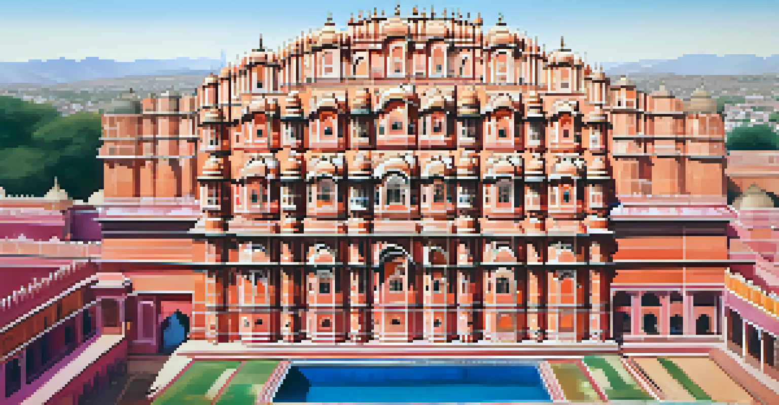 An aerial view of Hawa Mahal, highlighting its unique architecture and the surrounding cityscape.