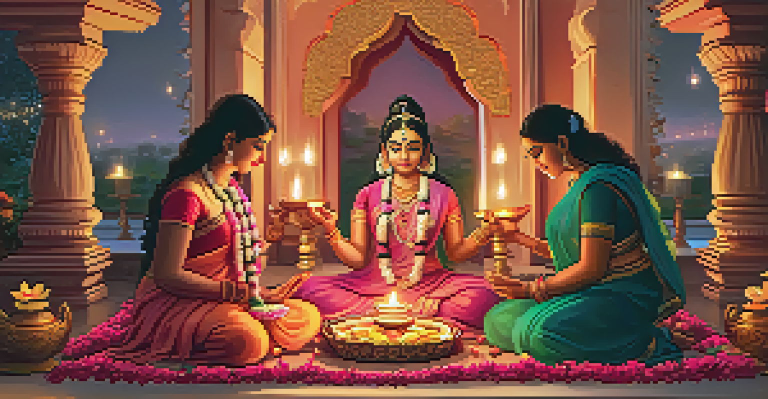 A family performing Lakshmi Puja with a decorated altar, flowers, and lit diyas during Diwali.