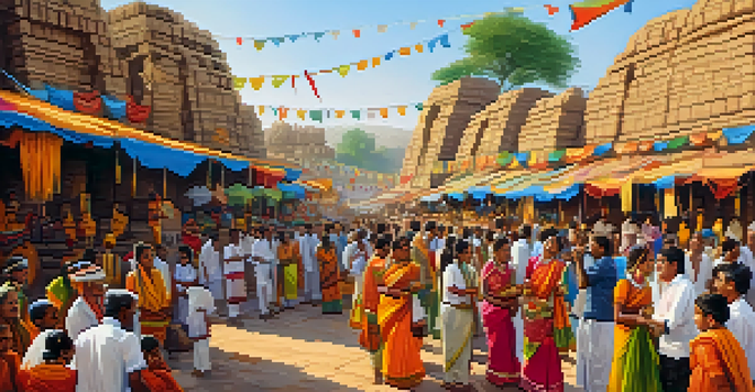 A community festival near ancient ruins with locals in traditional clothing, colorful decorations, and stalls showcasing crafts, set against a backdrop of intricately carved stone structures.
