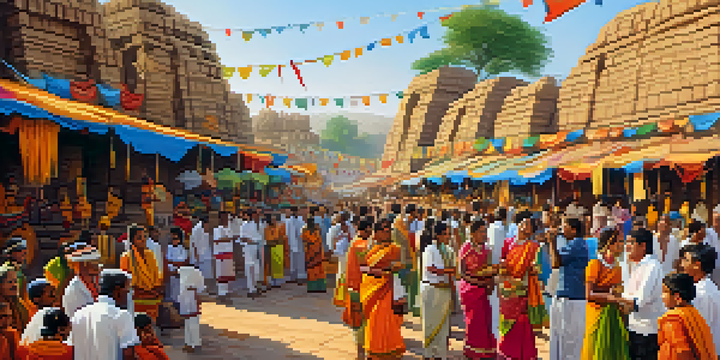 A community festival near ancient ruins with locals in traditional clothing, colorful decorations, and stalls showcasing crafts, set against a backdrop of intricately carved stone structures.