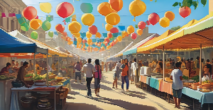 A lively local food festival with colorful food stalls and diverse attendees enjoying various dishes under warm sunlight.