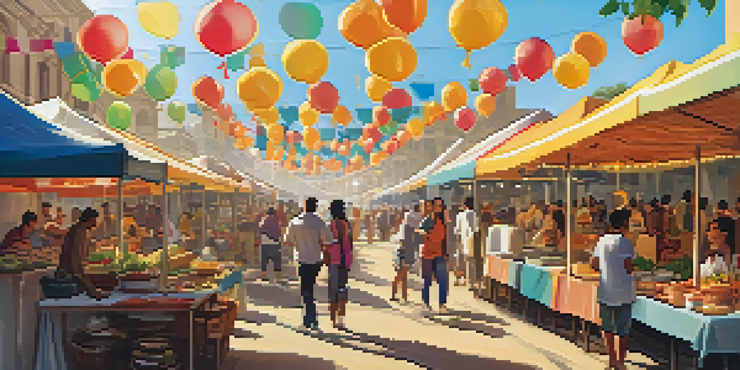 A lively local food festival with colorful food stalls and diverse attendees enjoying various dishes under warm sunlight.