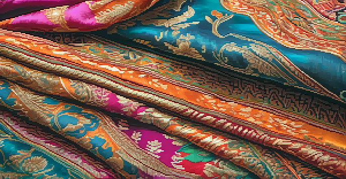 A close-up view of colorful Banaras silk fabric displaying intricate patterns and textures in soft lighting.