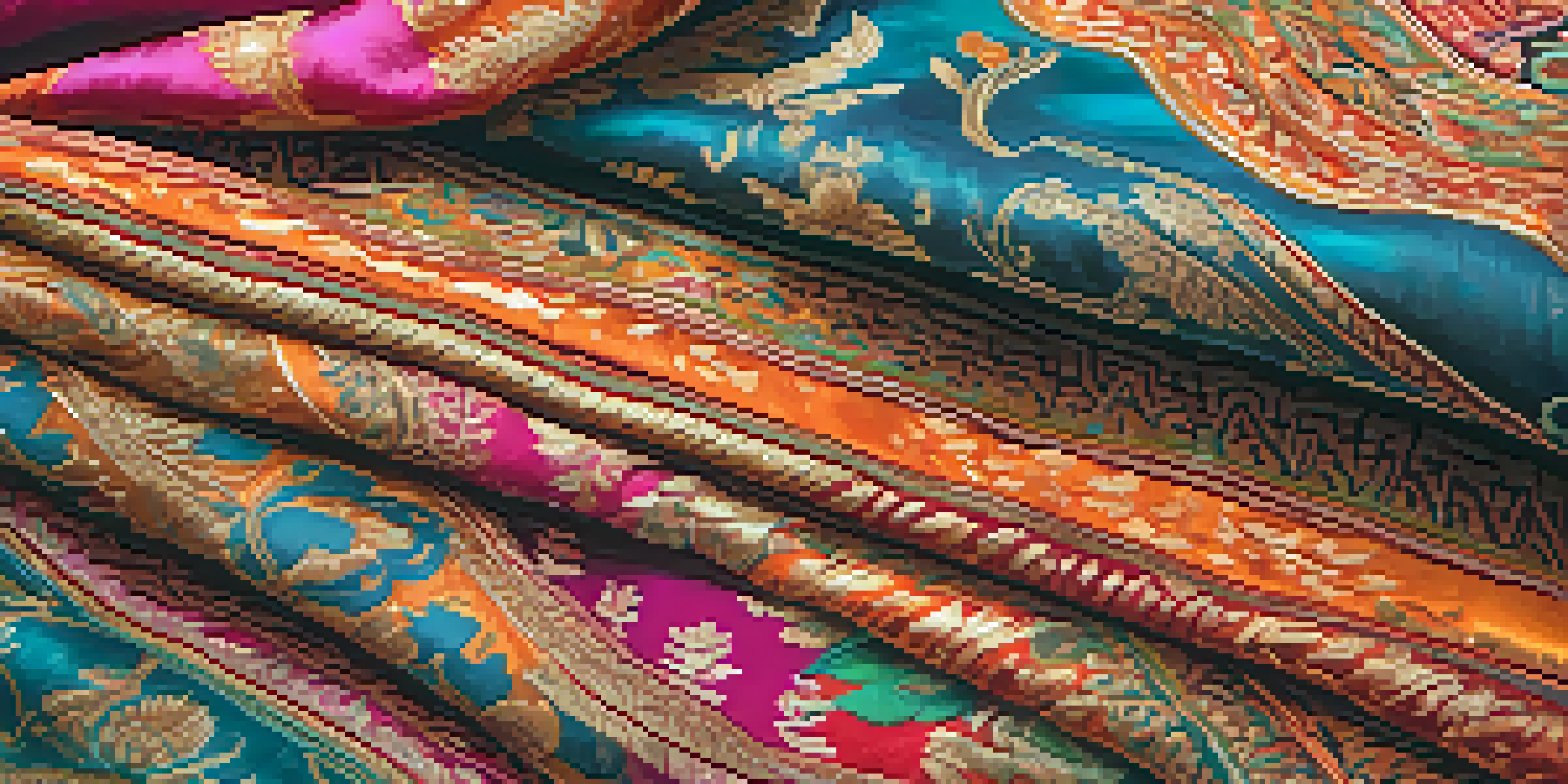 A close-up view of colorful Banaras silk fabric displaying intricate patterns and textures in soft lighting.