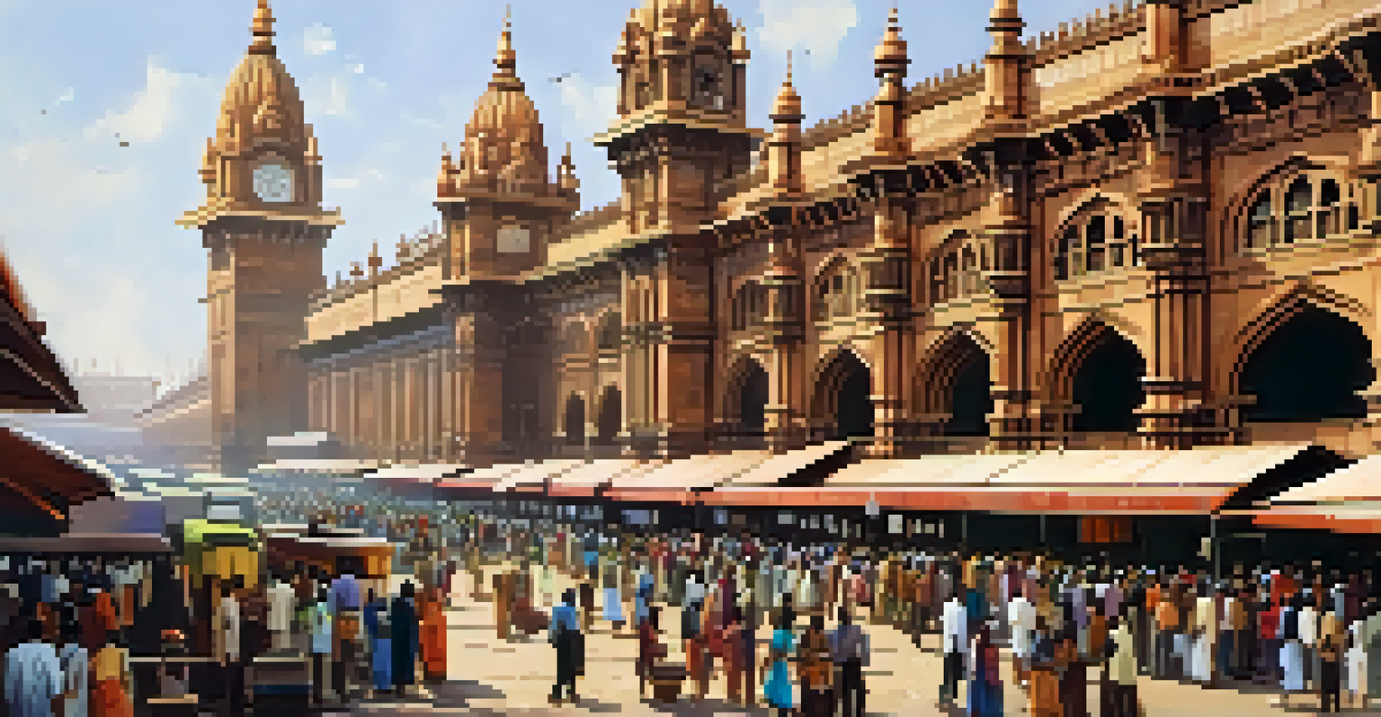 Chhatrapati Shivaji Maharaj Terminus filled with commuters and vendors, showcasing the grand Victorian architecture.