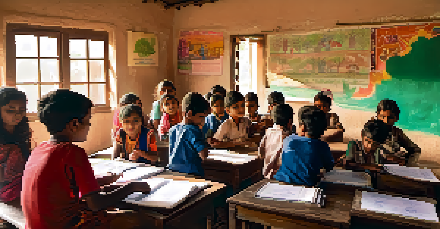 A classroom with a volunteer teaching children, colorful drawings on the walls, and sunlight coming through the windows.