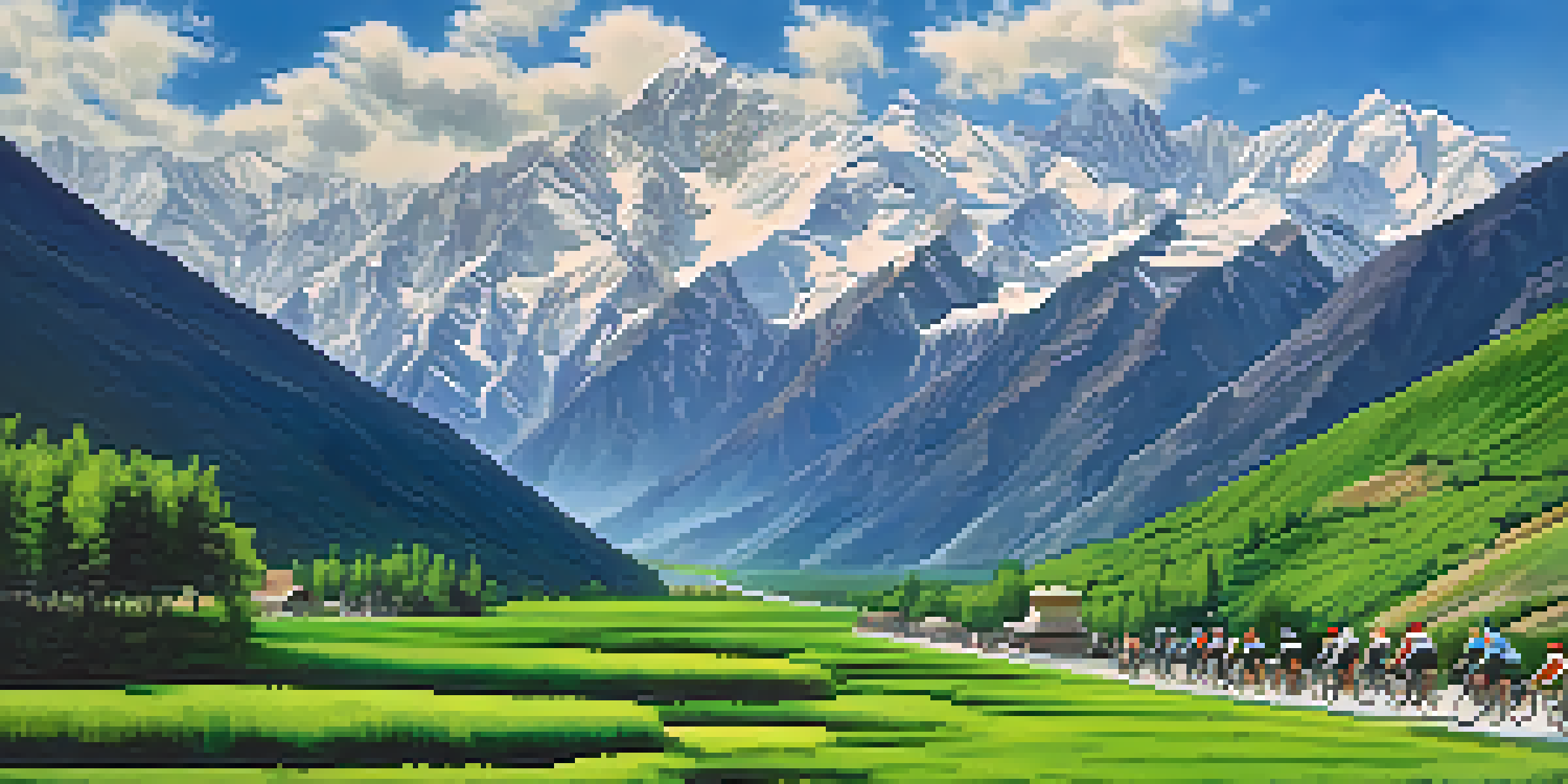 A picturesque cycling route in the Himalayas, with snow-capped mountains, green valleys, and cyclists enjoying the view.