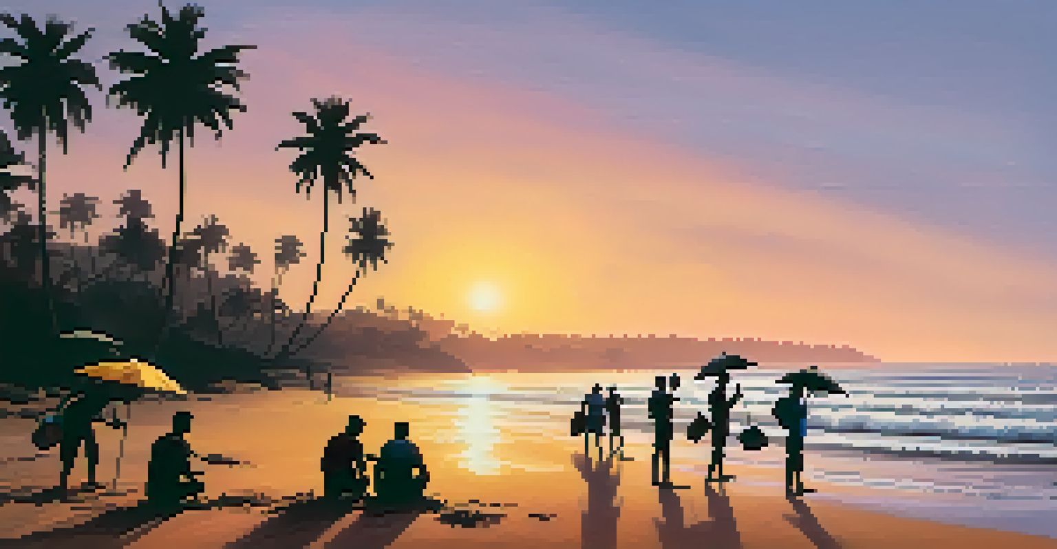 A sunset view of Goa beach with volunteers planting trees and palm trees in the foreground.