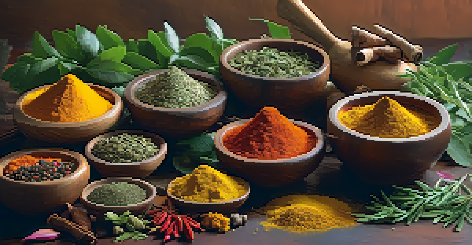 A close-up view of a table filled with vibrant herbs and spices used in traditional Indian healing, showcasing their colors and textures.