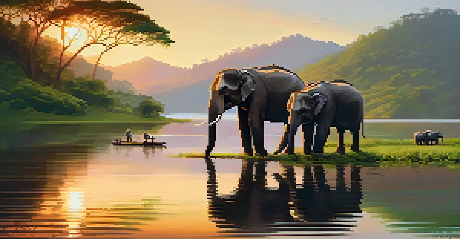 A family of elephants drinking water at Periyar Lake, surrounded by lush greenery and a beautiful sunset sky.