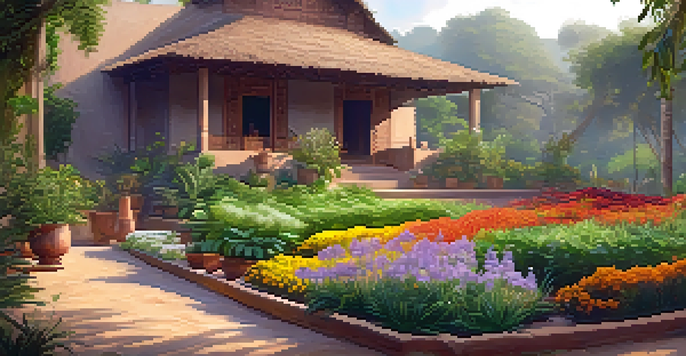 A peaceful Indian herbal garden filled with green plants and colorful flowers, illuminated by warm morning light.