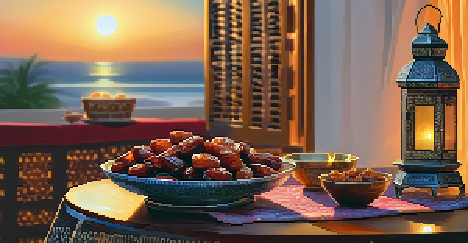 A close-up of a person breaking their fast with dates and water at sunset, surrounded by traditional decorations and a glowing lantern.