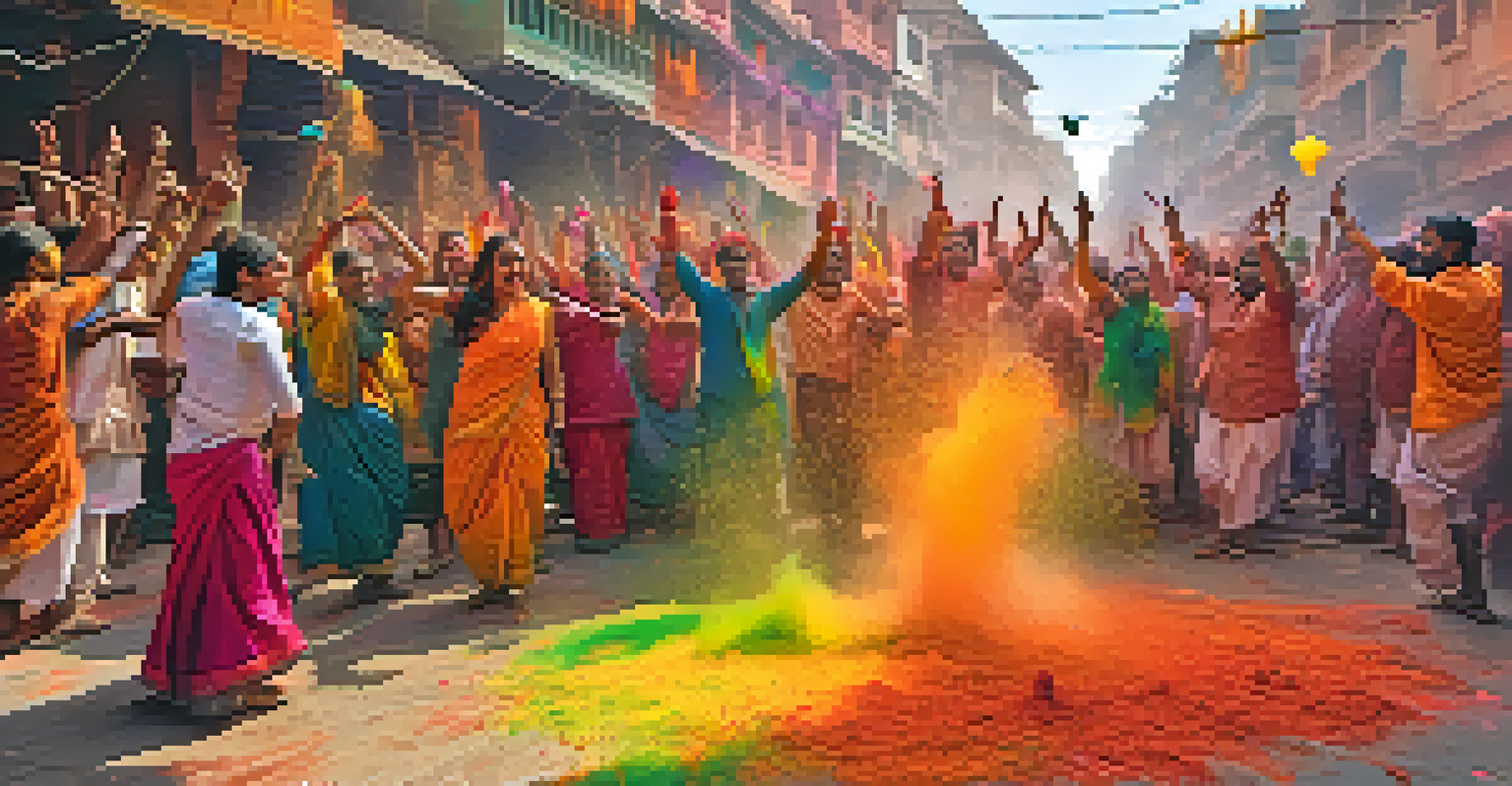 Participants celebrating Holi in Varanasi, joyfully throwing colored powders and sharing laughter, creating a vibrant atmosphere.