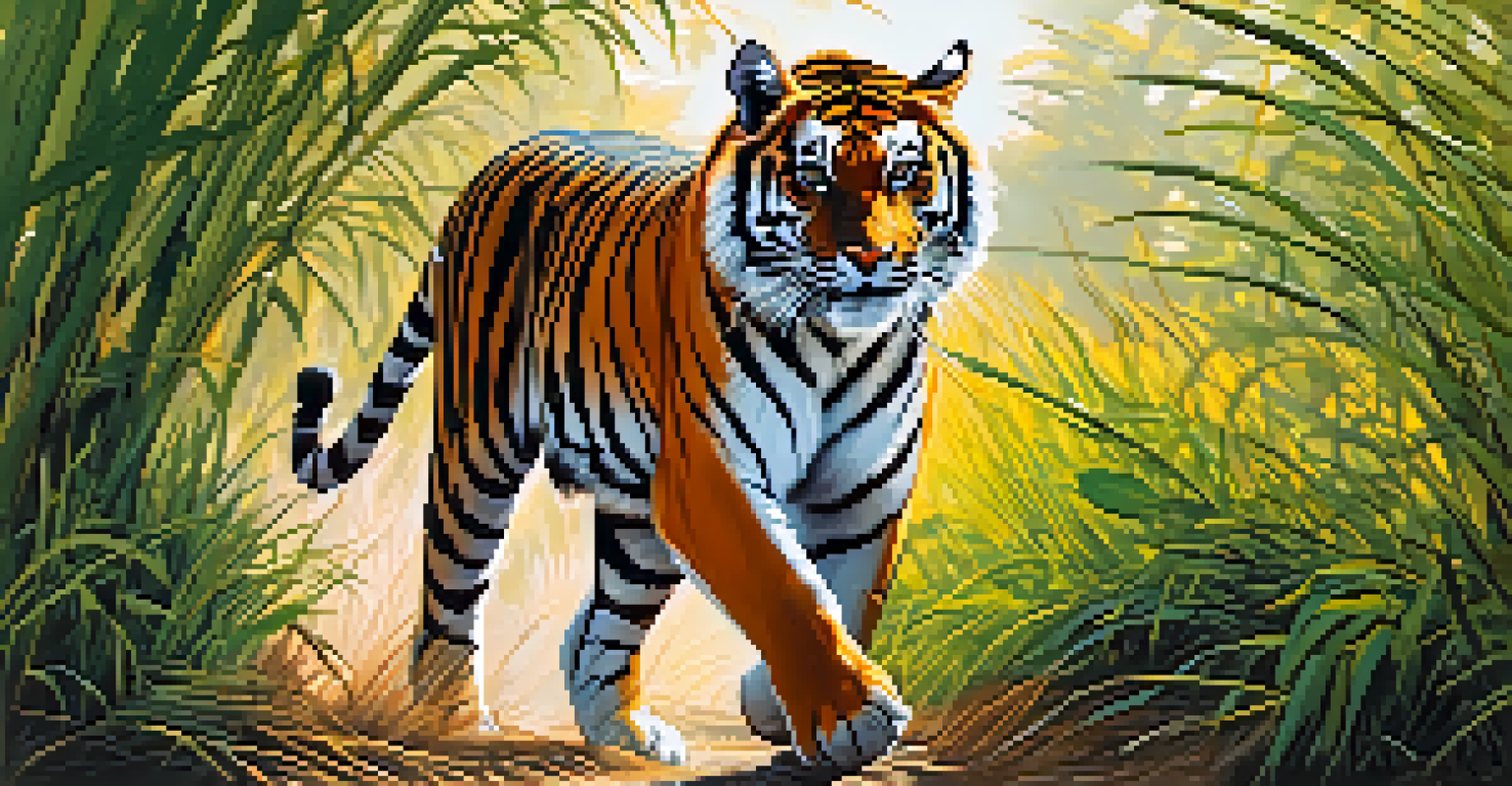 A Bengal tiger walking through the lush underbrush of Ranthambore National Park, surrounded by vibrant greenery and dappled sunlight.