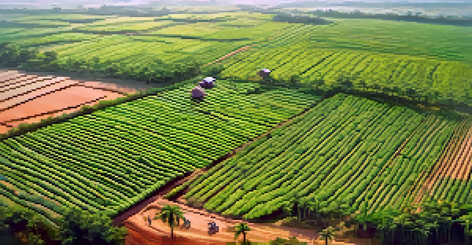 An aerial view of an agroforestry farm in India, showcasing trees integrated with crop fields and farmers at work.